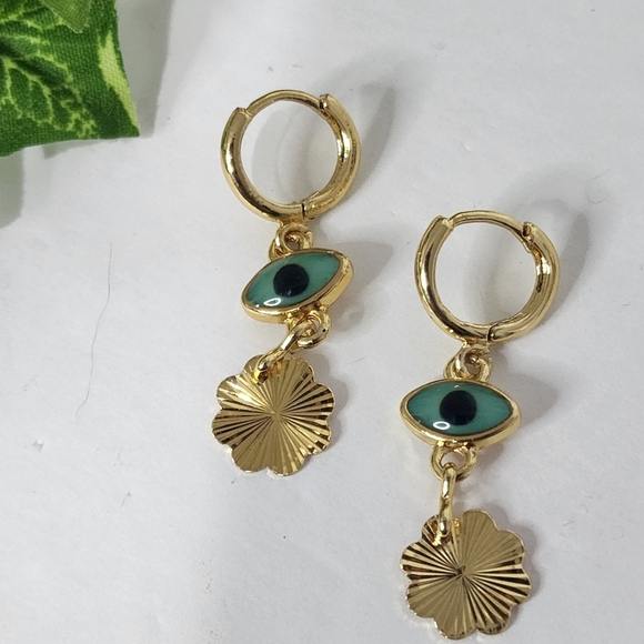 Gold Filled Huggie Evil Eye Dangle Earrings - Picture 1 of 7